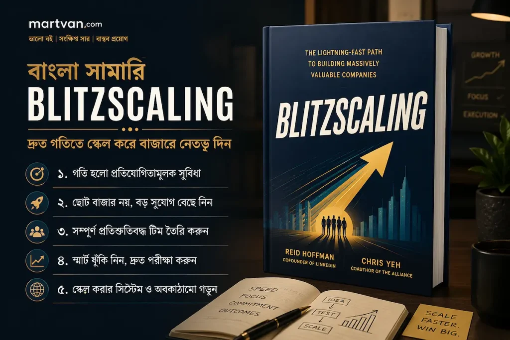 Blitzscaling বাংলা সামারি — দ্রুত স্কেলিং, দ্রুত পরীক্ষা এবং বড় কোম্পানি গড়ার কৌশল নিয়ে Martvan-style বুক সামারি কভার ইমেজ