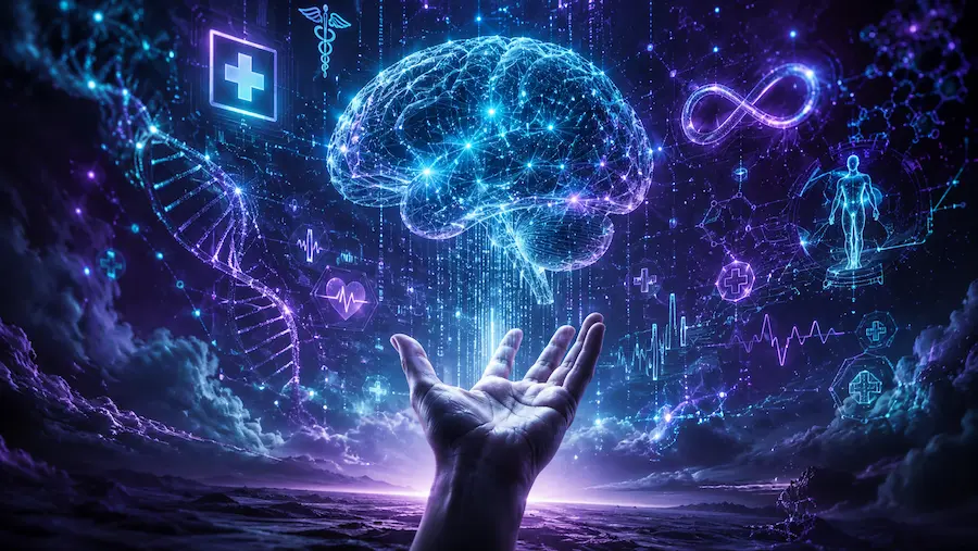 মানুষ থেকে Homo Deus — AI, biotechnology ও human enhancement-এর প্রতীকী ধারণা