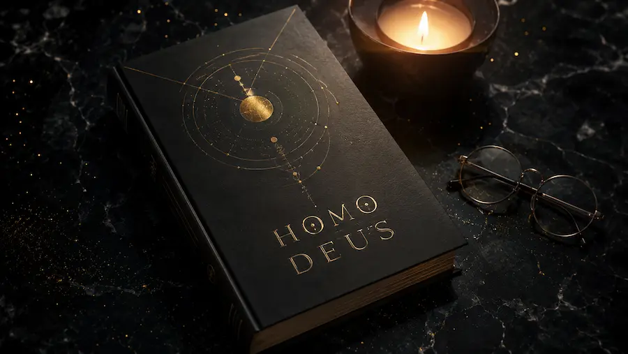 Homo Deus বইয়ের চূড়ান্ত মূল্যায়ন — মানবজাতির ভবিষ্যৎ, AI ও ডেটাবাদের প্রতীকী চিত্র