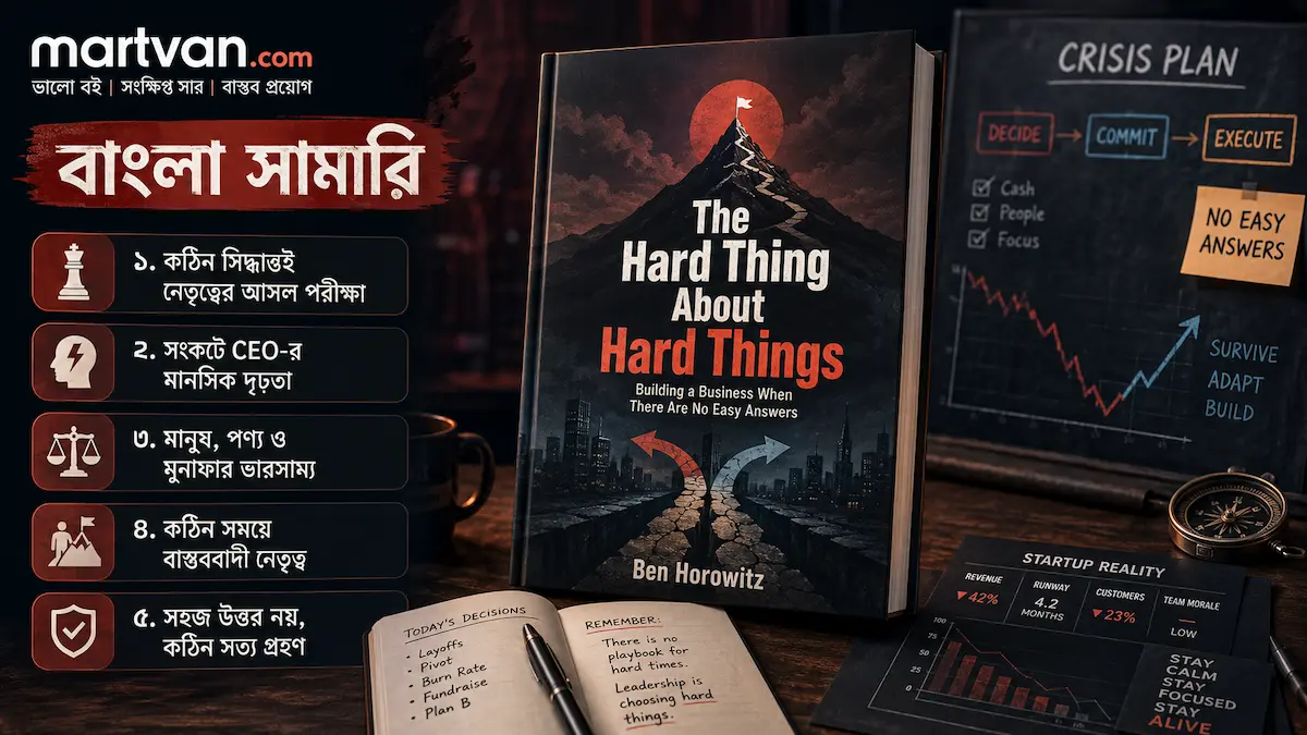 The Hard Thing About Hard Things বাংলা সামারি — কঠিন সিদ্ধান্ত, সংকটকালীন নেতৃত্ব ও founder mindset নিয়ে Martvan-style book summary hero image