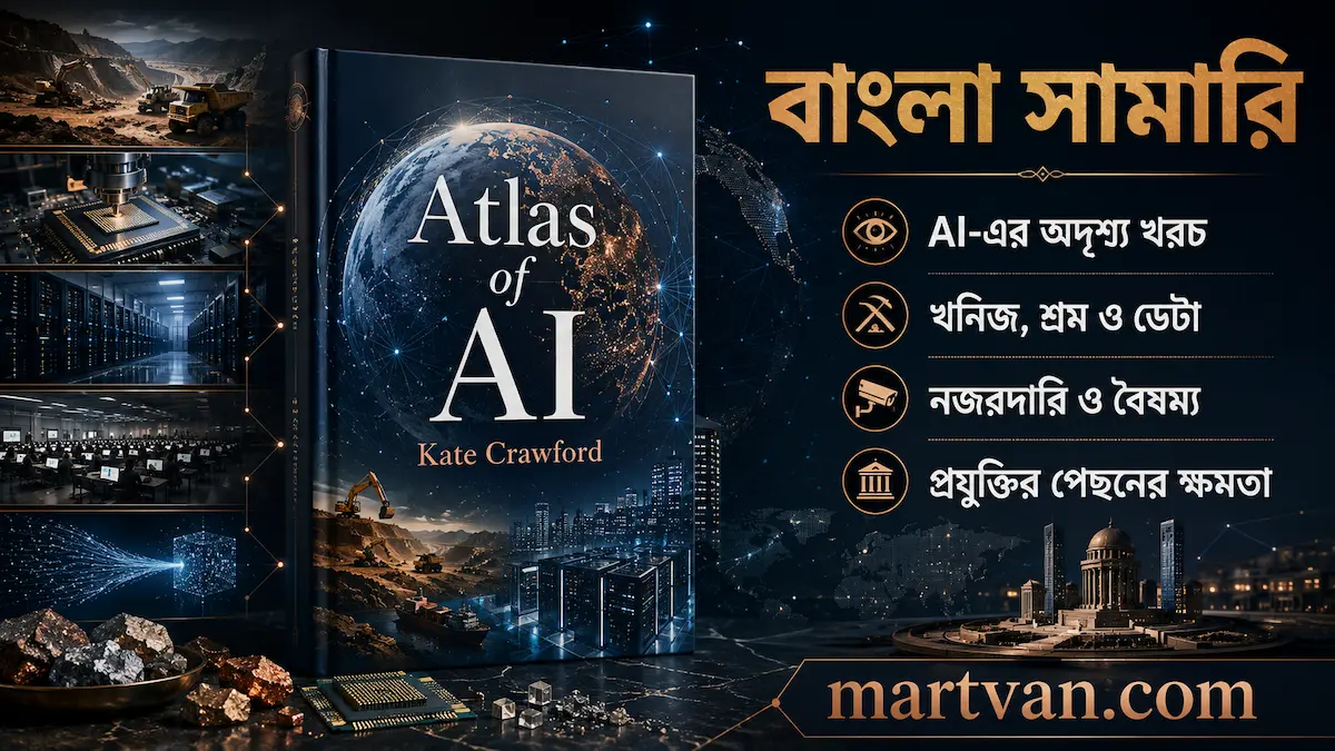 Atlas of AI বাংলা সামারি—Kate Crawford-এর বইয়ের 3D mockup এবং AI-এর খনিজ, শ্রম, ডেটা ও ক্ষমতার প্রতীক