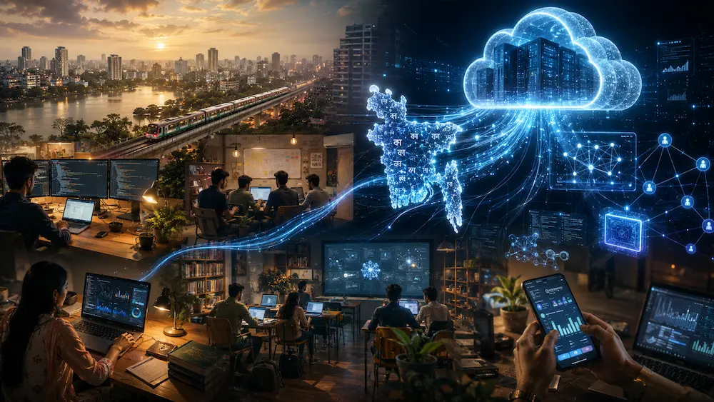 বাংলাদেশের পেশাজীবী ও স্থানীয় প্রতিষ্ঠানগুলোর বৈশ্বিক AI প্ল্যাটফর্ম নির্ভরতার প্রতীকী দৃশ্য