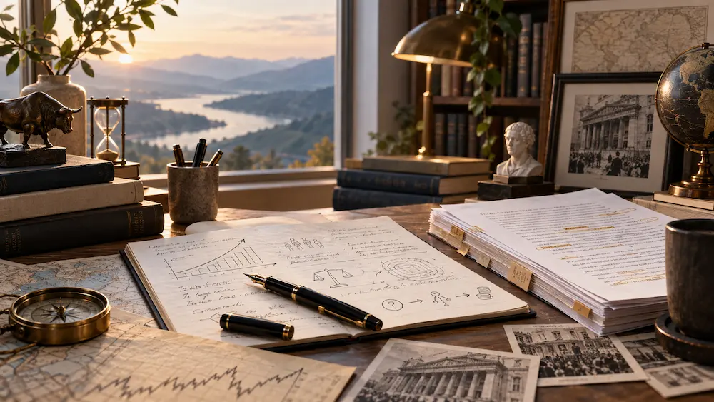 Morgan Housel-এর লেখালেখি, history ও behavioral finance ভাবনার প্রতীকী গবেষণা পরিবেশ