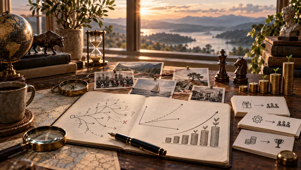 Risk, expectations, storytelling, incentives ও compounding-এর সম্পর্কের প্রতীকী দৃশ্য